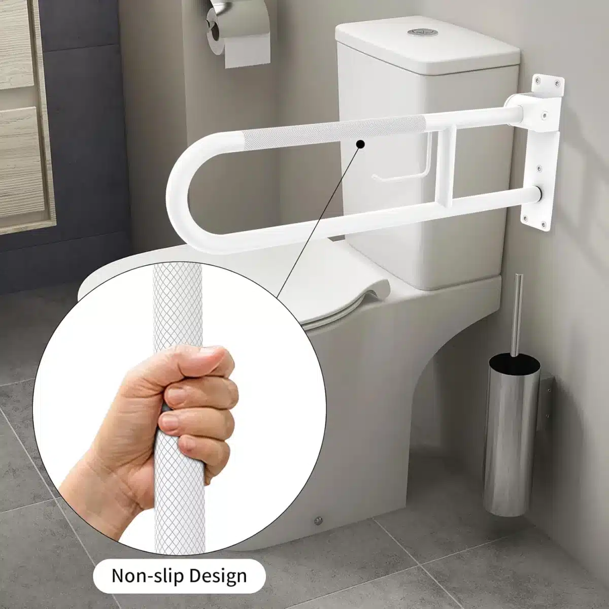 Flip-Up Toilet Grab Bar with Paper Holder - Image 2